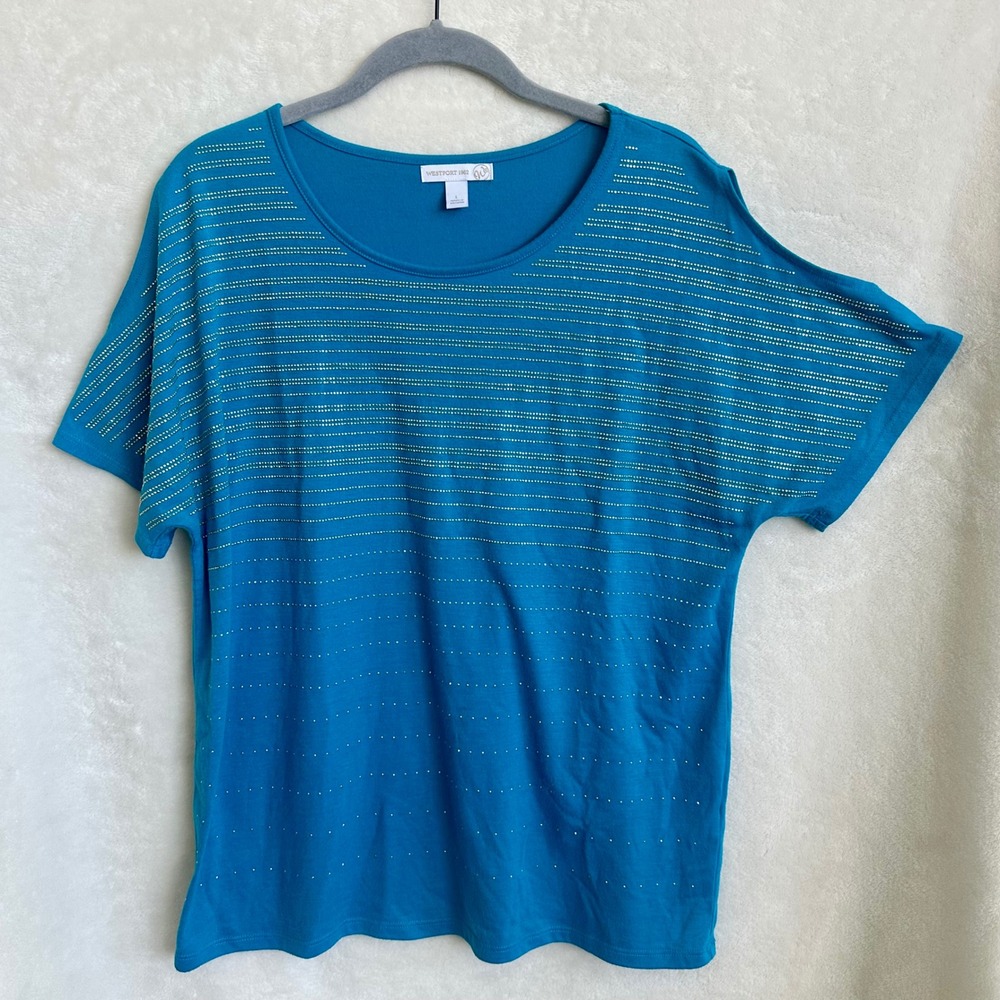 Westport 1962‎ Turquoise Rhinestone Cold Shoulder Top Short Sleeve Size Large